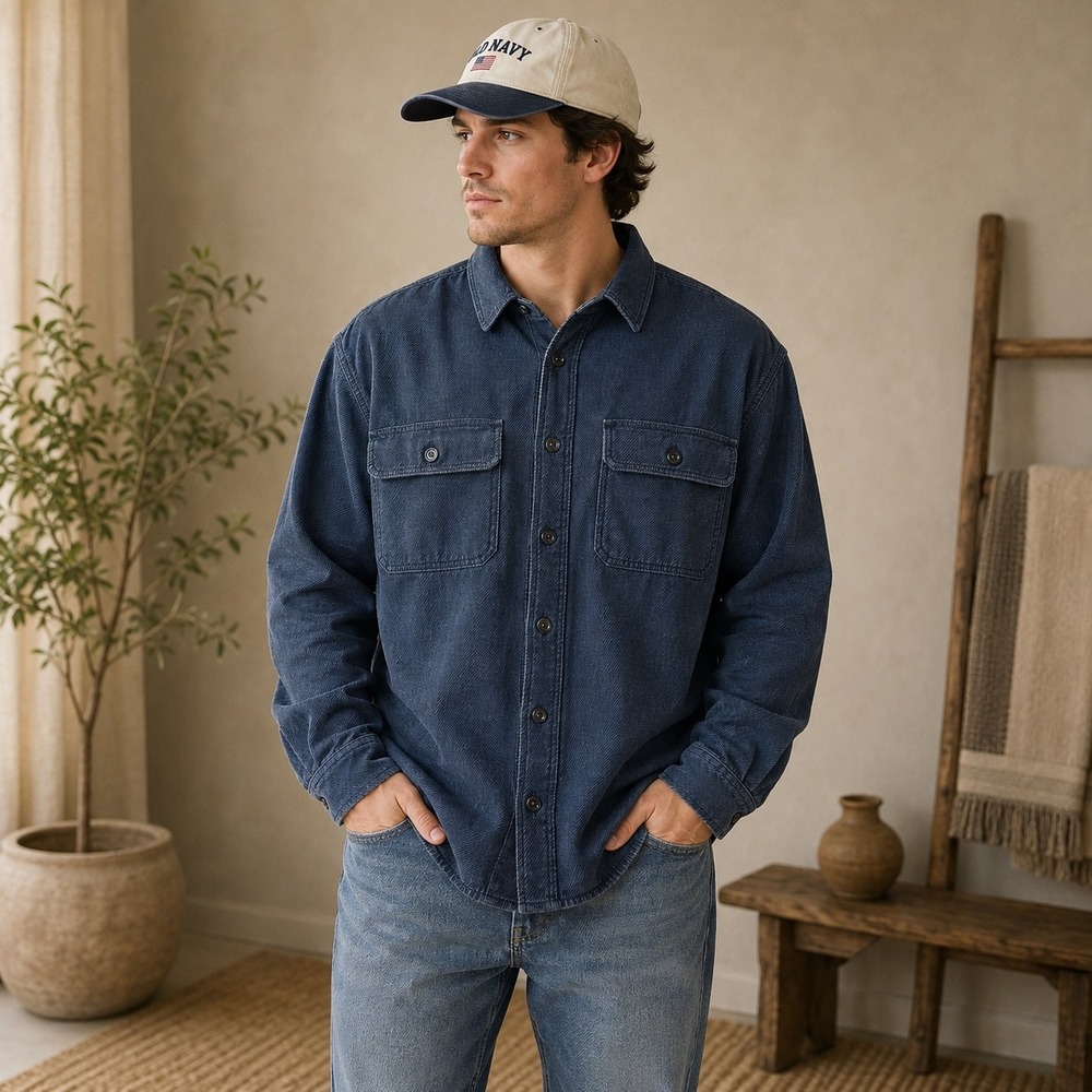 Old Navy Shirt Men Large Blue Cotton Twill Long Sleeve Button Down Work Corduroy